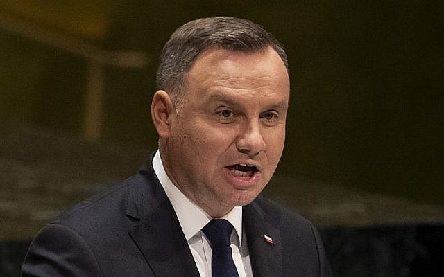 Polish President Andrzej Duda speaks during the 74th session of the United Nations General Assembly on September 24, 2019, at the United Nations Headquarters in New York City. (Don Emmert / AFP)