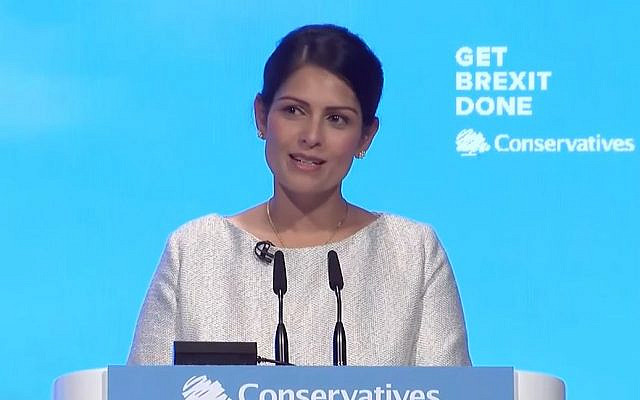 Priti Patel speaking at Tory Conference (Jewish News)