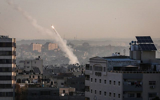 Rockets fired from Gaza towards Israel, followed the targeted killing of Palestinian Islamic Jihad terror chief Baha Abu al-Ata, by an Israeli strike, on November 12, 2019. (Hassan Jedi/Flash90)