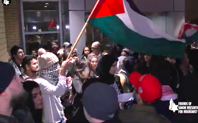 Protesters violently disrupt pro-Israel event at Toronto’s York University (Screen capture from video by Friends of Simon Wiesenthal for Holocaust Studies)