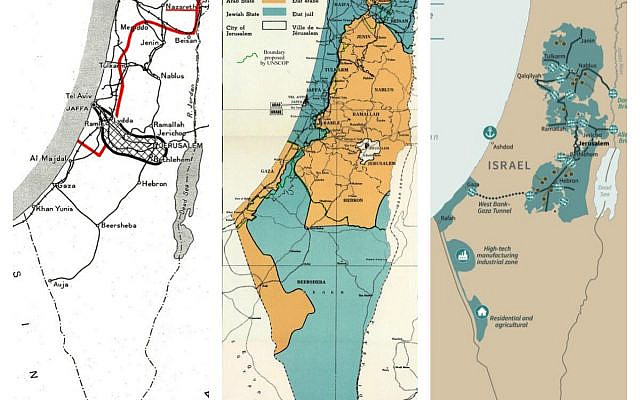 Partition plan maps, left to right: 1937 Peel plan, 1947 UN plan, 2020 Trump plan.