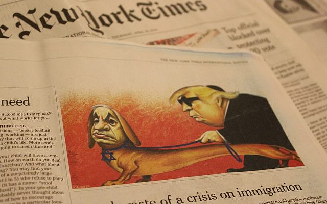 A caricature of Prime Minister Benjamin Netanyahu and US President Donald Trump published in The New York Times international edition on April 25, 2019, which the paper later acknowledged 'included anti-Semitic tropes.' (Raoul Wootliff/Times of Israel)