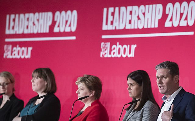 Labour leadership hopefuls at a hustings in January - left to right: Rebecca Long-Bailey, Jess Phillips, (who has since pulled out of the contest), Emily Thornberry, Lisa Nandy and Keir Starmer.. Photo credit : Danny Lawson/PA Wire via Jewish News