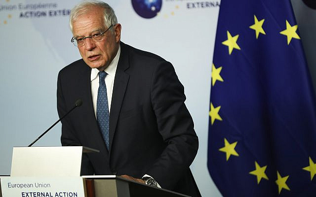 European Union foreign policy chief Josep Borrell answers a question during a news conference in Brussels, Tuesday, Jan. 7, 2020. Borrell met Tuesday with the Foreign Affairs Minister's of Britain, Italy, Germany and France where they were expected to hold talks about the current situation in Libya and Iran. (AP Photo/Francisco Seco)