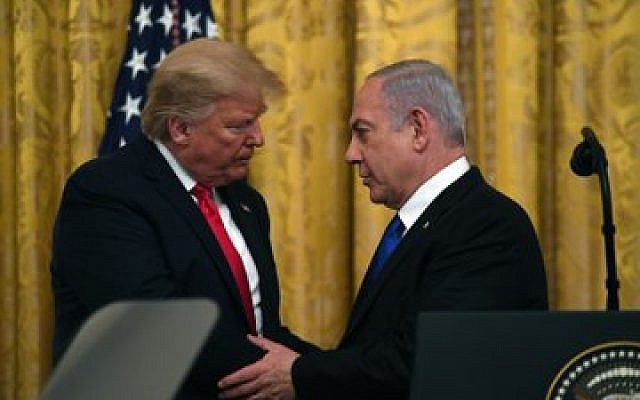 Donald Trump embraces Benjamin Netanyahu, during their meeting in Washington, where the so-called 'Deal of the Century' was unveiled. (@Netanyahu on Twitter via Jewish News)