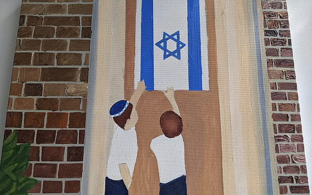 Painting by Yehuda Sussman depicting a photograph of my older children right before Aliyah.