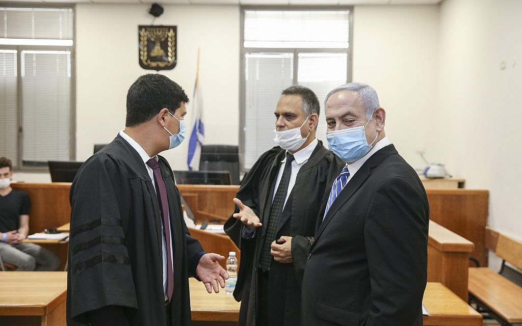 Prime Minister Benjamin Netanyahu on trial at the District Court in Jerusalem on May 24, 2020. (Amit Shabi/POOL)