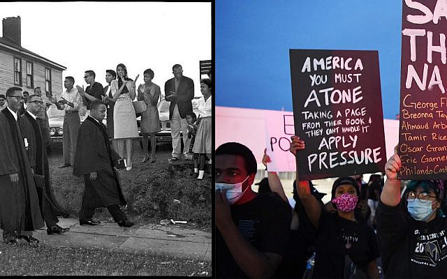 Left: The author’s grandfather, Rev. N.H. Smith Jr., marches with the Rev. Martin Luther King Jr. and others in Birmingham. Right: Protesters attend a demonstration in Las Vegas demanding justice for the death of George Floyd, May 31, 2020. (Courtesy; Denise Truscello/Getty Images)