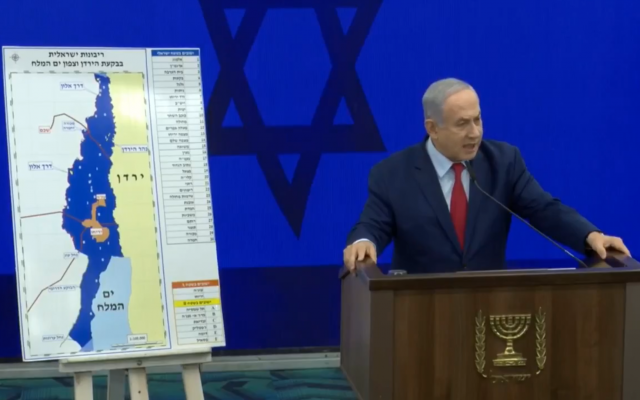 Benjamin Netanyahu during a press conference announcing the planned annexation, in September 2019 (Jewish News)
