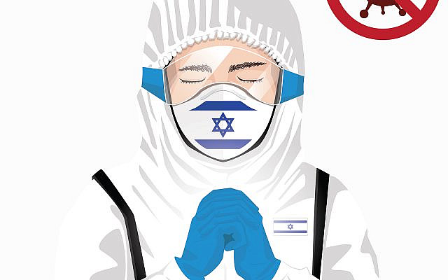 Covid-19 or Coronavirus concept. Israeli medical staff wearing mask in protective clothing and praying for against Covid-19 virus outbreak in Israel. Israeli man and Israel flag. Epidemic corona virus