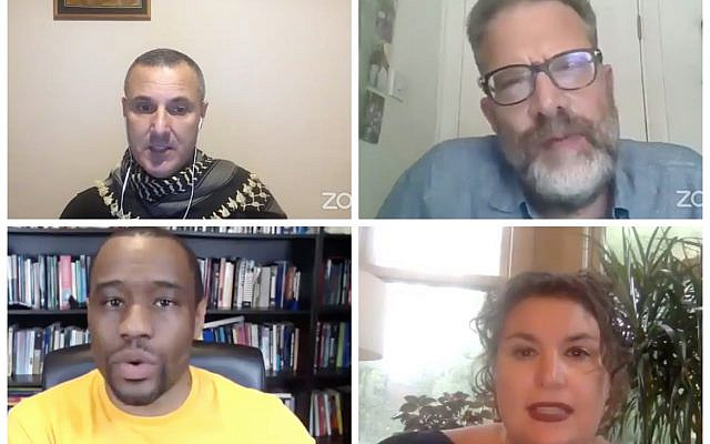 Top: Omar Barghouti and Ben Jamal. Bottom: Marc Lamont Hill and Rabbi Alissa Wise (Screenshot from Twitter)