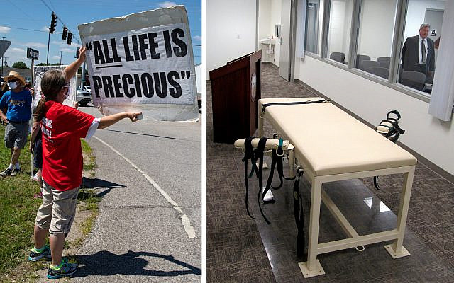 LEFT: Protesters against the death penalty gather in Terre Haute, Ind., Friday, July 17, 2020 days before the execution of Dustin Honken, an Iowa meth kingpin who kidnapped and killed five people. (AP Photo/Michael Conroy). 
RIGHT: File photo showing the execution chamber at the Idaho Maximum Security Institution as Warden Randy Blades looks on in Boise, Idaho. (AP Photo/Jessie L. Bonner, File)