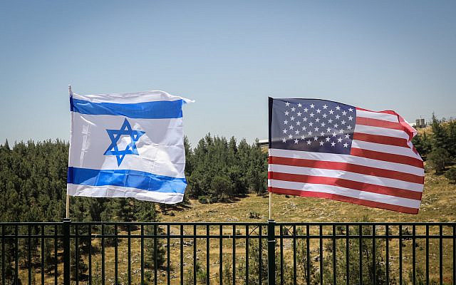 The Israeli and the American flags are seen during a visit of Ron DeSantis, governor of Florida, in Gush Etzion, on May 29, 2019. (Gershon Elinson/Flash90)