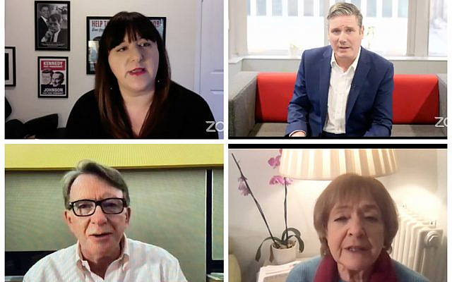 Ruth Smeeth, Keir Starmer, Peter Mandelson and Margaret Hodge speaking at the JLM One Day virtual conference (Screenshots via JLM)