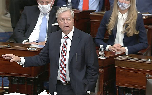 Sen. Lindsey Graham speaks as the Senate reconvenes to debate the objection to confirm the electoral college vote from Arizona, after protesters stormed into the US Capitol on January 6, 2021. (screenshot, Senate television via AP)