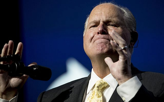 Radio personality Rush Limbaugh speaks before introducing then-president Donald Trump at the Turning Point USA Student Action Summit, at the Palm Beach County Convention Center in West Palm Beach, Florida, December 21, 2019. (AP Photo/ Andrew Harnik)
