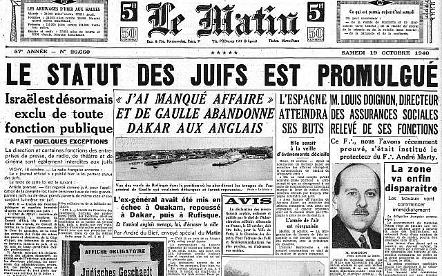 Le Matin newspaper headline announces promulgation of laws on the status of Jews under the Vichy regime, October 18, 1940 (Via Wikimedia)