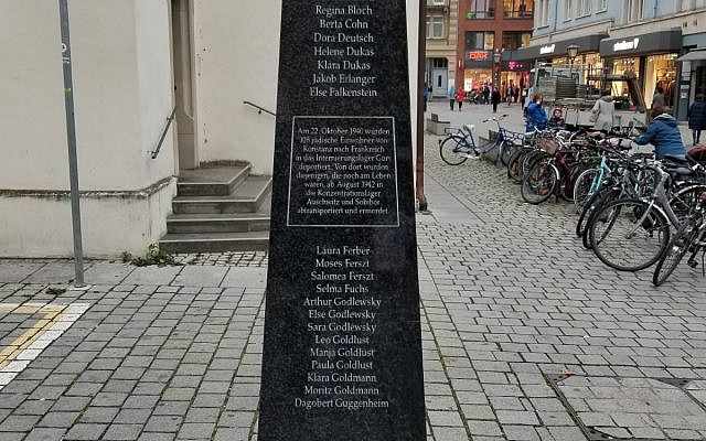 This monument in Konstanz, Germany contains the names of the final Jews who were rounded up and deported from the city on October 22nd, 1940. It stands in the middle of the street outside where the synagogue which was destroyed on Kristallnacht once stood.