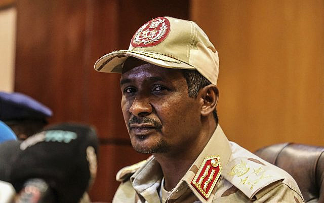 FILE  - In this April 30, 2019 file photo, Sudanese Gen. Mohamed Hamdan Dagalo, the deputy head of the military council speaks at a press conference in Khartoum, Sudan. Dagalo, on Sunday, March 15, 2020, said his country would mediate a deal on an escalating dispute between Ethiopia and Egypt over Ethiopia's controversial dam on the Nile River. Tensions are rising because of the impasse between Ethiopia and Egypt over the $4.6 billion Grand Ethiopian Renaissance Dam. The project is around 71% complete and promises to provide much-needed electricity to Ethiopia’s 100 million people.  (AP Photo/File)