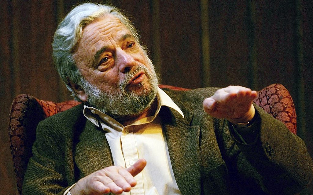 Composer and lyricist Stephen Sondheim gestures during a gathering at Tufts University in Medford, Mass., Monday, April 12, 2004. (AP Photo/Charles Krupa)