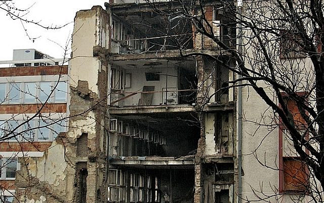 Ruins of the Radio Television of Serbia, destroyed during 1999 NATO bombing of Belgrade, Serbia, FR Yugoslavia. Wikimedia Commons.