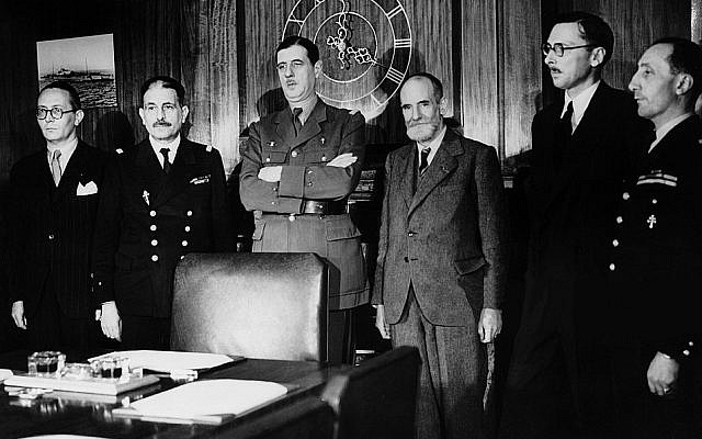 The French National Committee in London. From L to R: André Diethelm, Émile Muselier, Charles de Gaulle, René Cassin, René Pleven, Philippe Auboyneau, in 1942. (Wikipedia)