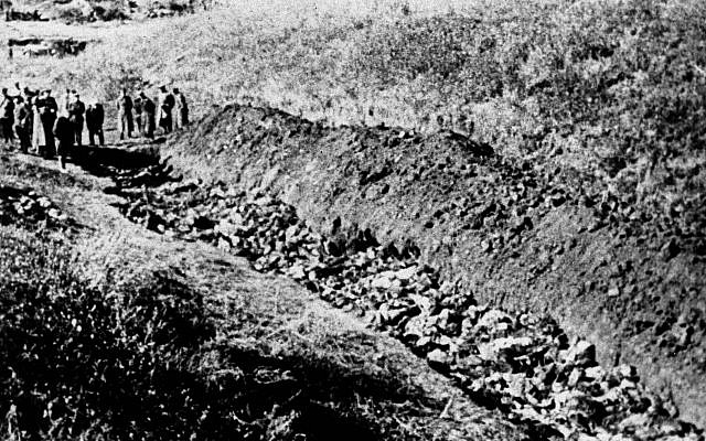 1944 file photo of part of the Babi Yar ravine at the outskirts of Kyev, Ukraine where the advancing Red Army unearthed the bodies of 14,000 civilians killed by fleeing Nazis, 1944. Einsatzgruppe C was responsible for one of the most notorious massacres, the shooting of nearly 34,000 at Babi Yar, a ravine northwest of the Ukrainian city of Kiev, on Sept. 29-30, 1941. (AP Photo, file)