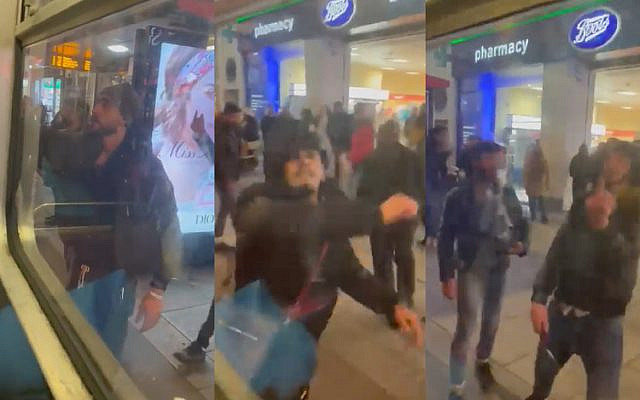 Frames from video of men attempting to smash the windows of an open-top bus carrying Jewish teens celebrating Hanukkah in London. They also spat on the bus, swore at the passengers and yelled verbal threats and abuse. Nov. 29, 2021