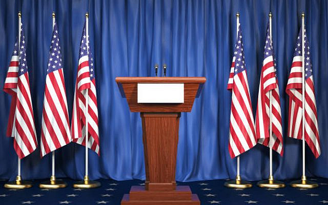 Podium speaker tribune with USA flags. Briefing of president of United states in White House. Politics concept. 3d illustration