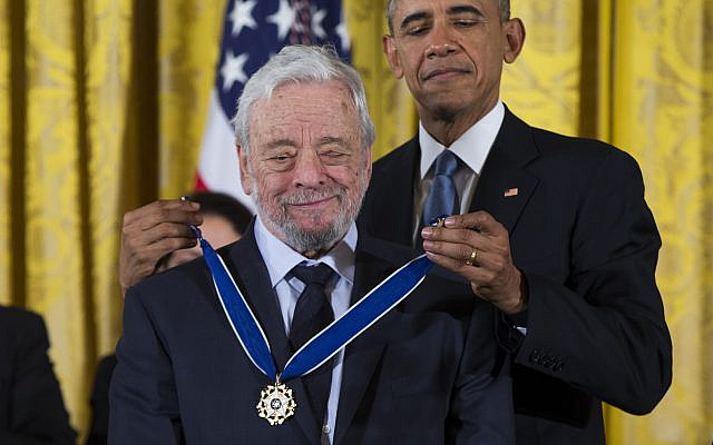 FILE - President Barack Obama, right, presents the Presidential Medal of Freedom to composer Stephen Sondheim during a ceremony in the East Room of the White House, on, Nov. 24, 2015, in Washington. Sondheim, the songwriter who reshaped the American musical theater in the second half of the 20th century, has died at age 91. Sondheim's death was announced by his Texas-based attorney, Rick Pappas, who told The New York Times the composer died Friday, Nov. 26, 2021, at his home in Roxbury, Conn.  (AP Photo/Evan Vucci, File)