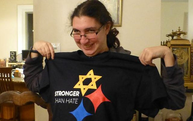 Displaying the iconic shirt of the Squirrel Hill attack