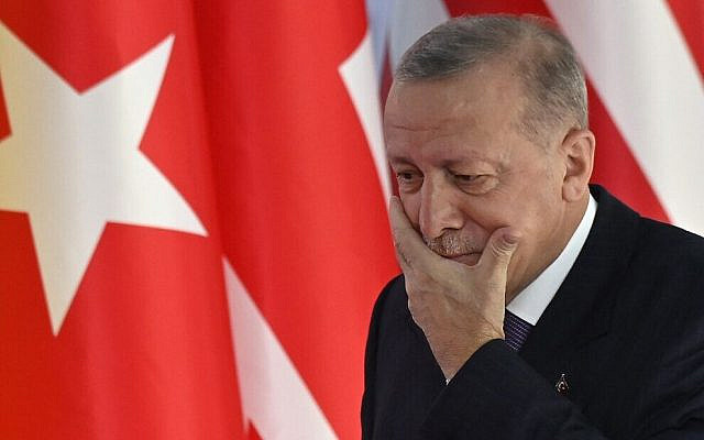 Turkish President Recep Tayyip Erdogan arrives for the G20 Summit, on October 30, 2021, in Rome. (Alberto Pizzoli/AFP)