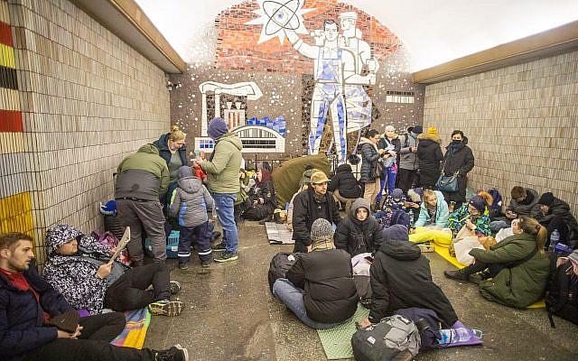 Ukrainians rest in the Kyiv subway, using it as a bomb shelter in Kyiv, Ukraine, Thursday, February 24, 2022. Russia has launched a full-scale invasion of Ukraine, unleashing airstrikes on cities and military bases. Photo by Oleksandr Khomenko/ Credit: UPI/Alamy Live News
