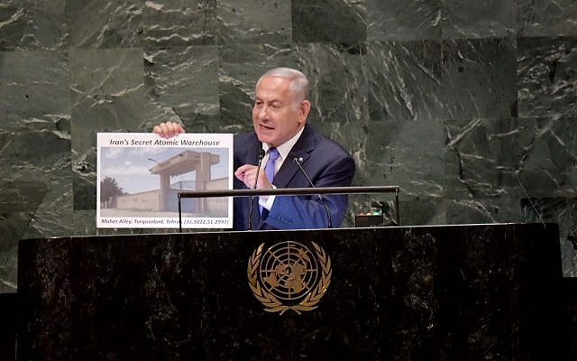 Former Israeli Prime Minister Benjamin Netanyahu at the United Nations, revealing what he claimed to be a secret nuclear warehouse