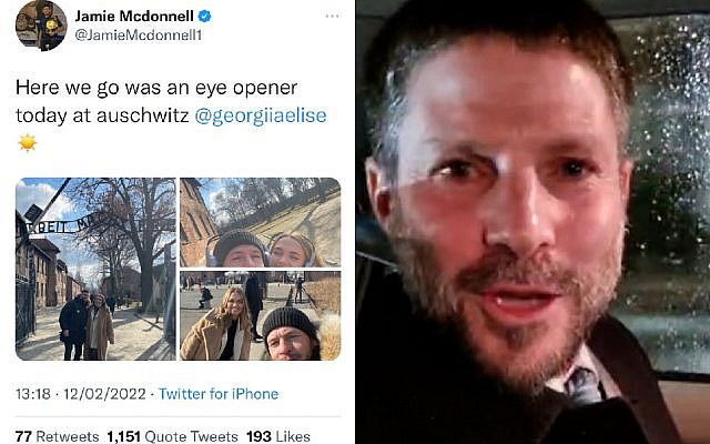 Left: Ex-British boxer, Jamie McDonnell, chose to pose with his girlfriend, radiantly smiling into the sun - at Auschwitz. Right: Bezalel Smotrich arrives in London