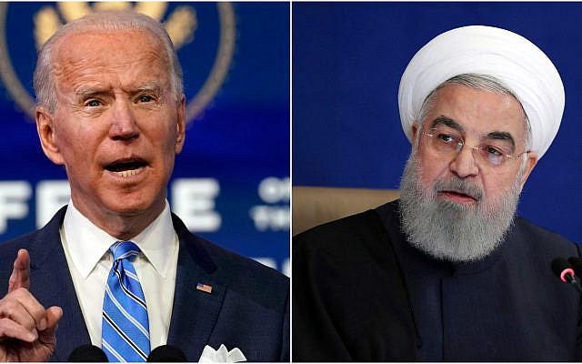 Left: Then-US President-elect Joe Biden on January 14, 2021, in Wilmington, Delaware (AP Photo/Matt Slocum); Right: Iranian President Hassan Rouhani speaks in a meeting in Tehran, Iran, December 9, 2020. (Iranian Presidency Office via AP)