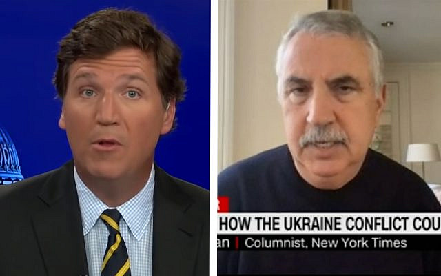 Fox News analyst Tucker Carlson, left and New York Times columnist Thomas Friedman (Screenshots from video)
