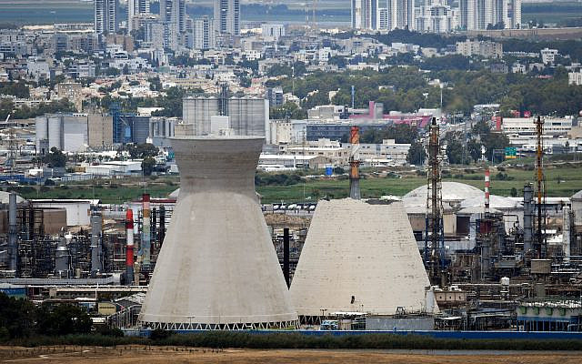 View of the water cooling towers at the Haifa oil refinery on June 12, 2020, the day one of them collapsed. (Meir Vaknin/Flash90)