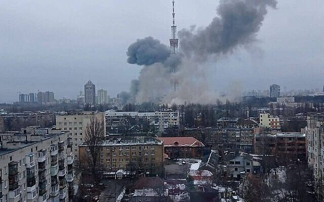 Smoke was seen rising from the Kyiv district that contains the TV tower and the Babyn Yar memorial (Photo: Twitter/via Jewish News)