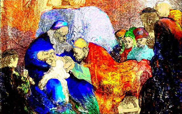 Brit Milah; modified and colorized image from a drawing by Rembrandt, Circumcision, owned by the Metropolitan Museum of Art in NYC, donated to the public domain.