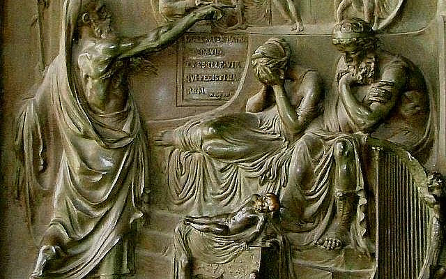 Nathan confronts King David for his adultery with Bathsheba, an affair that produced a mamzer (who soon dies). Bronze bas-relief on the door of La Madeleine, Paris. (Wikipedia, AP: Baron Henri de Triqueti)