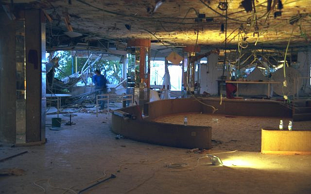 The dining room at the Park Hotel in Netanya after a terror attack on seder night 2002. (Noam Sharon / Israel Defense Forces)
