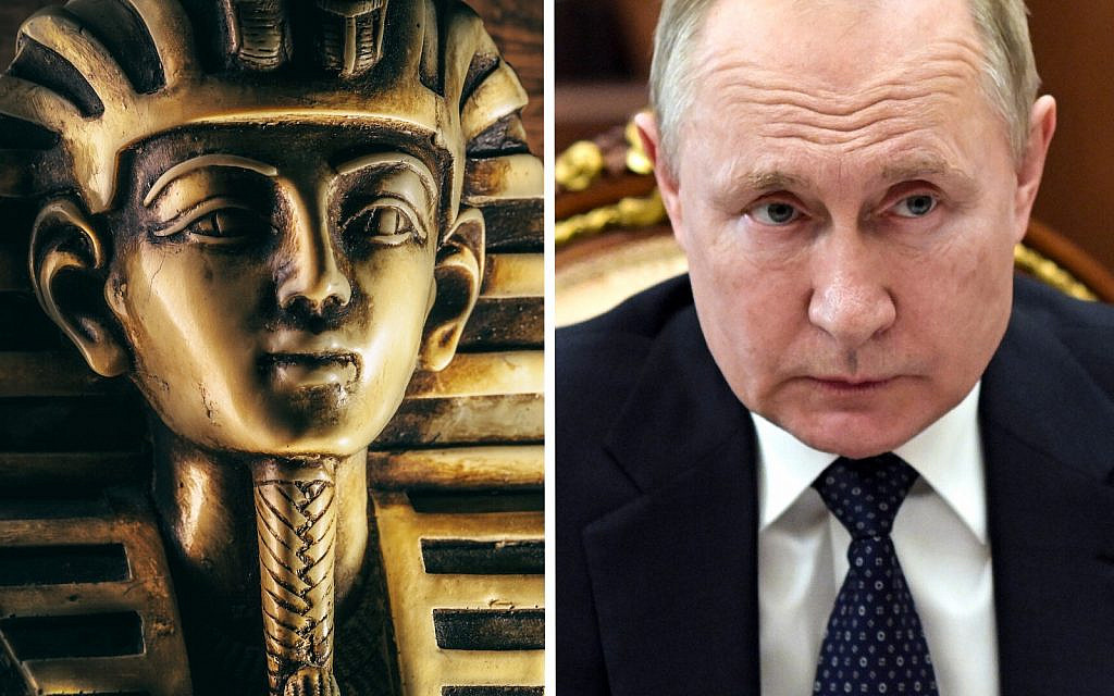 Stone pharaoh tutankhamen mask (iStock), Russian President Vladimir Putin attends a meeting in Moscow, Russia, March 29, 2022. (Mikhail Klimentyev, Sputnik, Kremlin Pool Photo via AP)