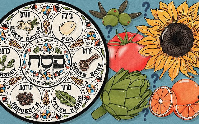 A traditional seder plate, and several possible symbolic additions to it. (Design by Mollie Suss)