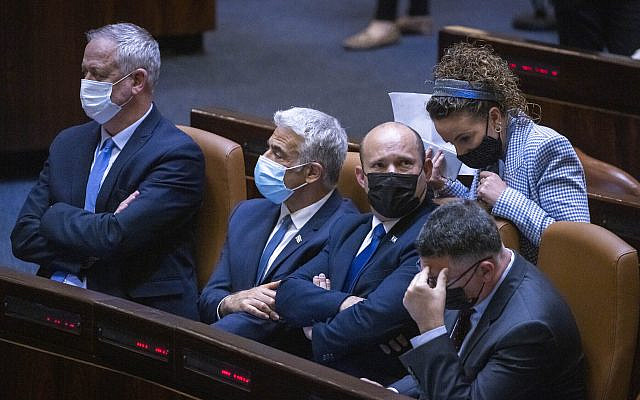 L-R: Defense Minister Benny Gantz, Foreign Minister Yair Lapid, Prime Minister Naftali Bennett, MK Idit Silman and Justice Minister Gideon Sa'ar attend a plenary session at the Knesset in Jerusalem, June 28, 2021 (Olivier Fitoussi/Flash90)