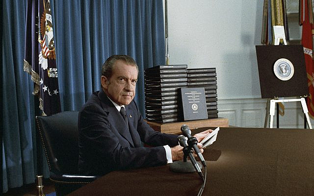 Then-president Nixon, with edited transcripts of Nixon White House Tape conversations during broadcast of his address to the Nation, April 29, 1974. (WHPO C1269-20, via Wikipedia)