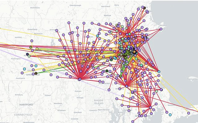 A map of purported connections between Jewish groups and other organizations in Massachusetts created by progressive activist group The Mapping Project, which says its goal is to map 'institutional support for the colonization of Palestine.' (Screenshot/JTA)