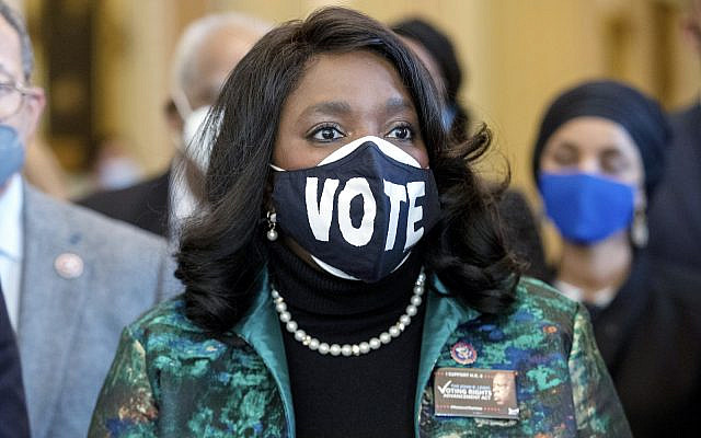 Alabama Democrat Rep. Terri Sewell, alongside other members of the Congressional Black Caucus, speaks before the Senate chambers about their support of voting rights legislation, at the Capitol in Washington, on Jan. 19, 2022. (AP Photo/Amanda Andrade-Rhoades, File)