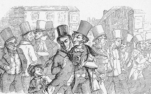 Caricature of Jewish stock-exchange speculators in the German satirical magazine Fliegende Blätter in 1851. (Wikimedia)