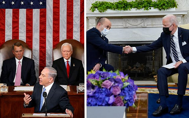 Left: Then-Prime Minister Benjamin Netanyahu speaks before a joint meeting of Congress on Capitol Hill in Washington, March 3, 2015 (AP Photo/Andrew Harnik); Right: US President Joe Biden shakes hands with Prime Minister Naftali Bennett in the Oval Office of the White House, Aug. 27, 2021, in Washington. (AP Photo/Evan Vucci)